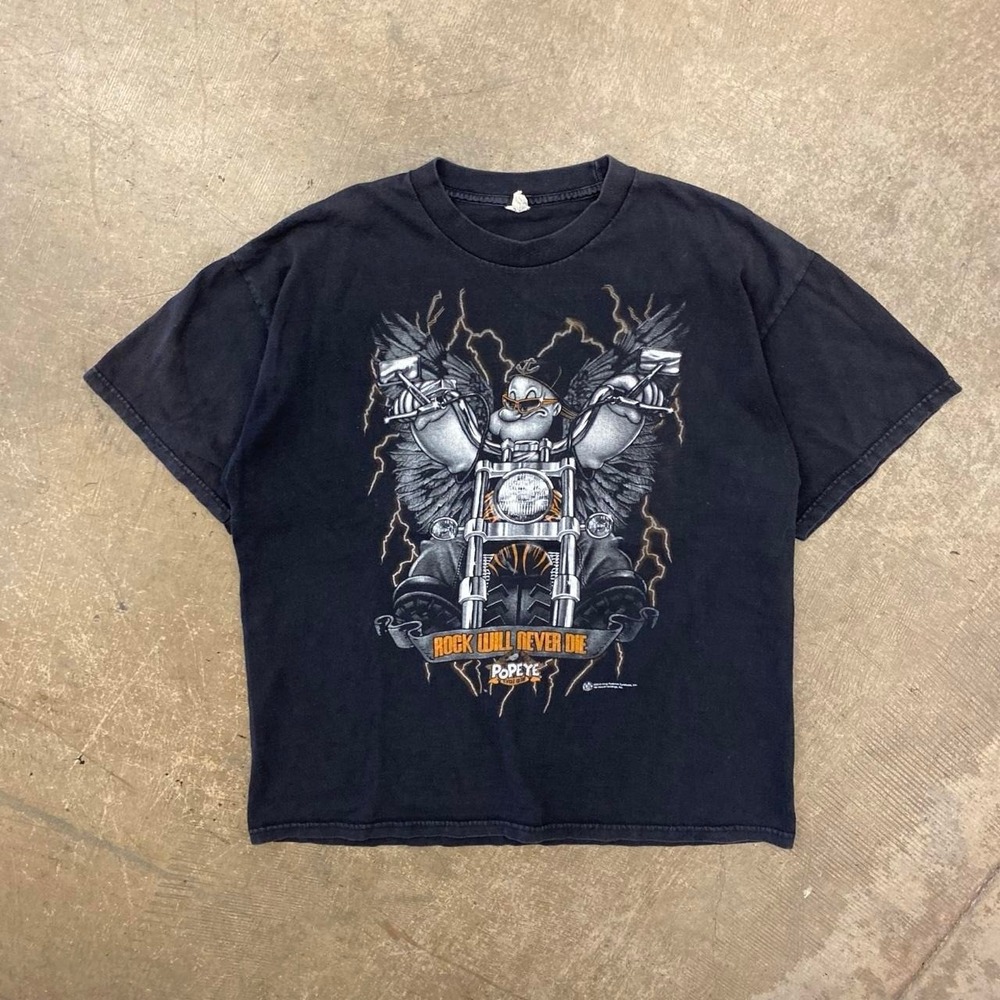 Vintage Y2K Popeye The Sailor Motorcycle Lightning T-Shirt 2000s Biker Size L